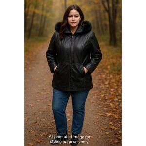 Vintage Tibor Leathers Black Leather Coat Removable Fur Hood & Leather Lining L